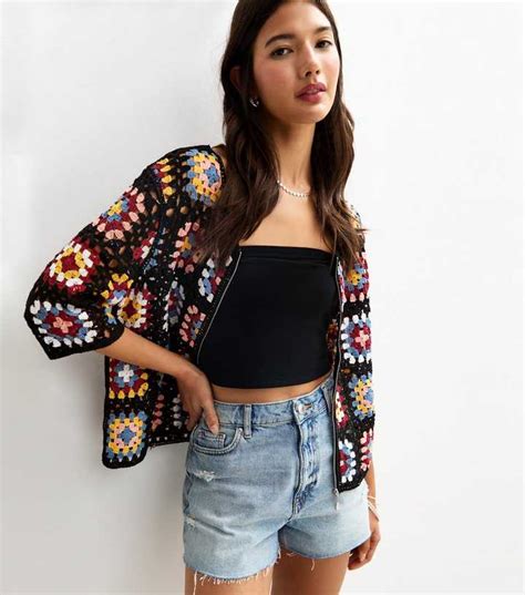 Sunshine Soul Black Crochet Boxy Bomber Jacket | New Look