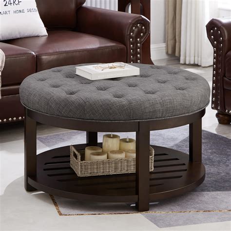 Snapklik.com : 24KF Large Round Upholstered Tufted Linen Ottoman Coffee ...