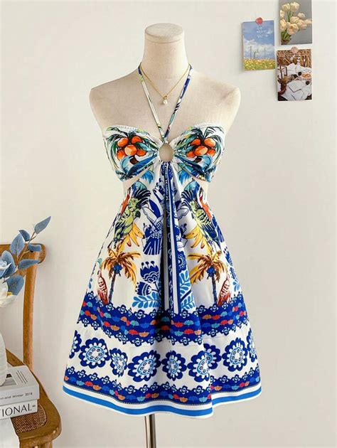 Soleia Women's Vacation Casual Backless Halter Mini Dress,Tropical ...