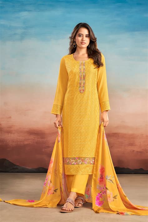 Mustard Crape Embroidered Kurta with Pant and Dupatta – Rang Roop Online