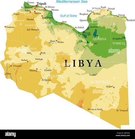 Highly detailed physical map of Libya in vector format,with all the relief forms,regions and big ...