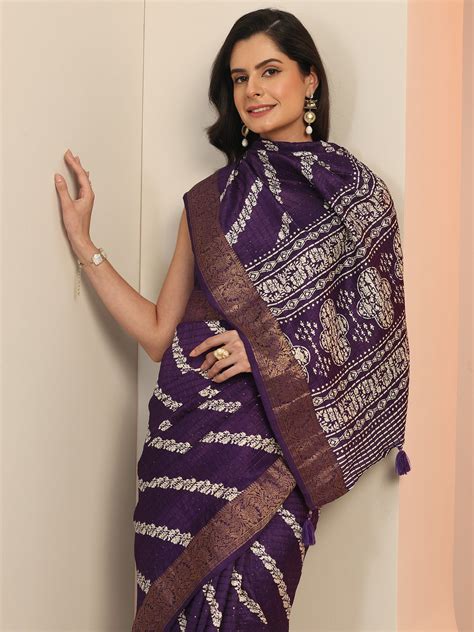 Buy Purple Printed Silk Blend Saree With Unstitched Blouse Piece Online ...