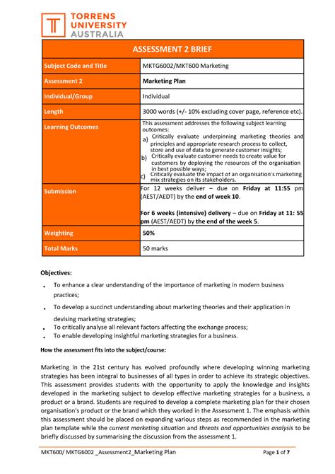 MKT600 Assessment 2 Marketing Plan - ASSESSMENT 2 BRIEF Subject Code ...