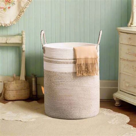 White & Beige Cotton Storage Hamper & Laundry Basket - Medium, Large ...