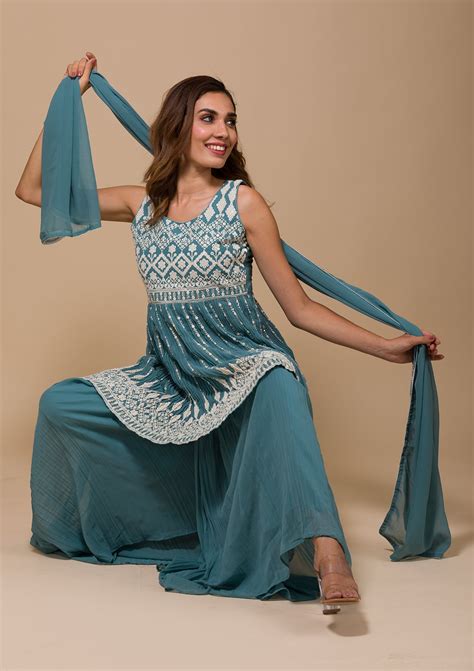 Buy Sea Green Threadwork Georgette Readymade Sharara Suit - Koskii