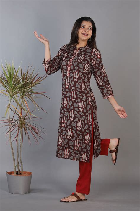 Coffee brown hand block printed cotton straight fit kurti. – Kalanjali