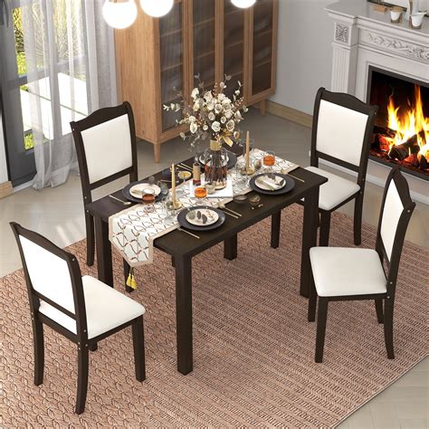 5 Piece Wooden Dining Table Set, Simple Kitchen Table and Padded Chairs ...