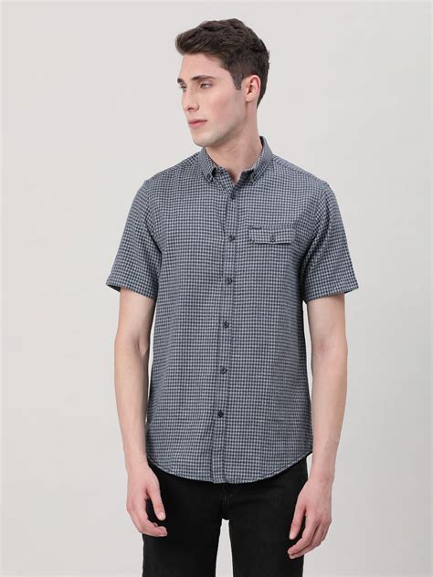 Buy Navy Checked Half Sleeve 100% Cotton Casual Shirt Online India ...