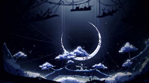 Download wallpaper 2048x1152 crescent, night, moon, trees, thread ...