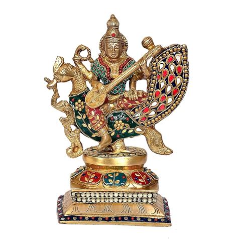 Brass Goddess Saraswati Sitting On Swan Devi of temple (Height: 11.5 I ...
