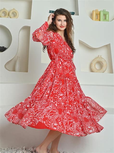 Mandira Red Abstract Print Tiered Midi Dress – Hauteque