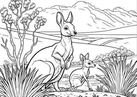 Kangaroo Coloring Baby Pages Drawing Color Pouch Kids Printable Clipart Kangoroo Mother ...