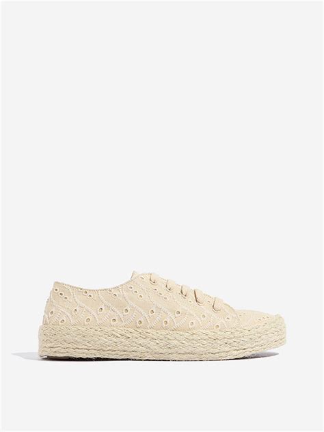 Buy LUNA BLU Beige Schiffli Detailed Lace-Up Sneakers from Westside