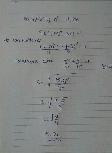 The eccentricity of the ellipse 9x2+5y2-30y=0 is equal to - Brainly.in