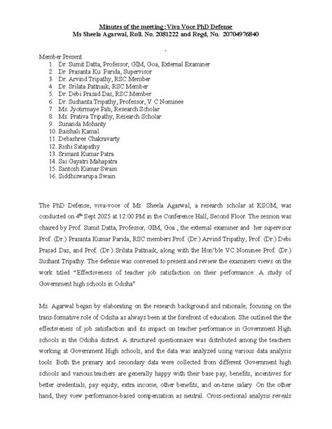Minutes of the PhD Defense Meeting: Ms. Sheela Agarwal - 20704976840 ...