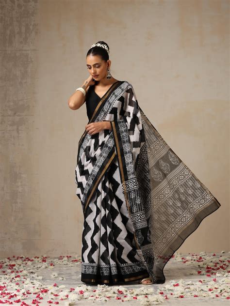 Buy Black Temple Pure Chanderi Silk Cotton Hand Printed Saree with ...