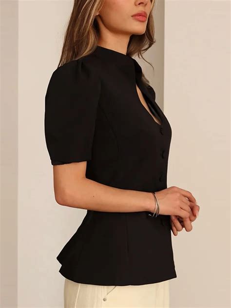 Fashion Women’s Stand Collar Blazer Short Sleeve Button Puff Sleeves ...