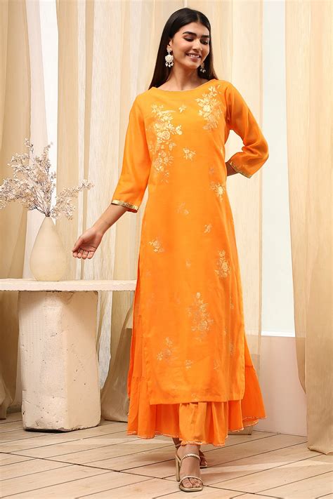 Buy Orange Poly Chanderi Layered Tiered Dress Online at Biba India