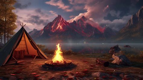 AI generated Animated illustration of a campground by the lake with a ...