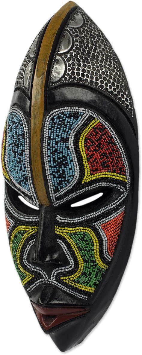 Buy NOVICA Blue Yellow Red African Sese Wood Wall Mask with Aluminum ...