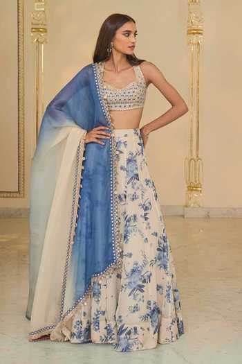 Buy Beige Organza, Net Embroidery, Mirrors, Beads Halter Bloom Print ...