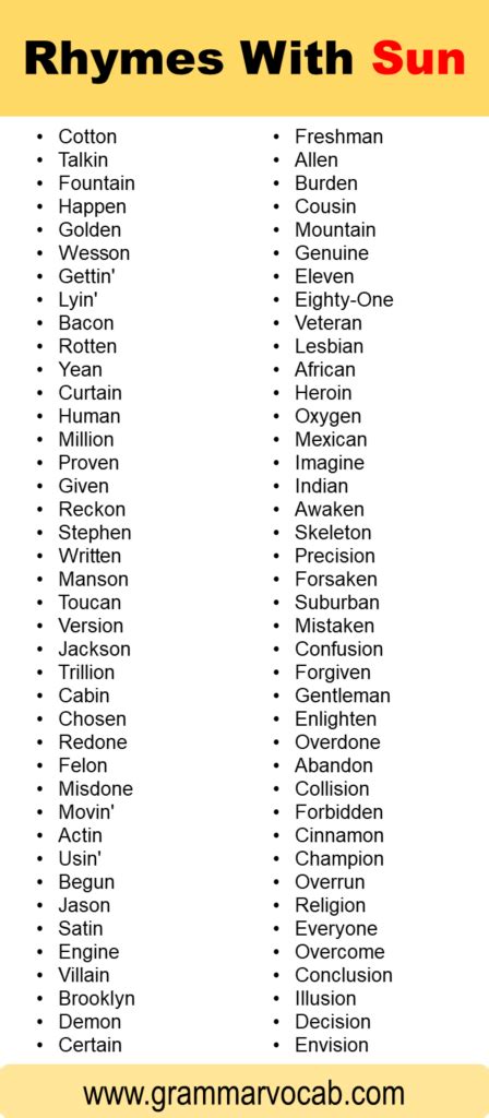 Words That Rhyme With Sun - GrammarVocab