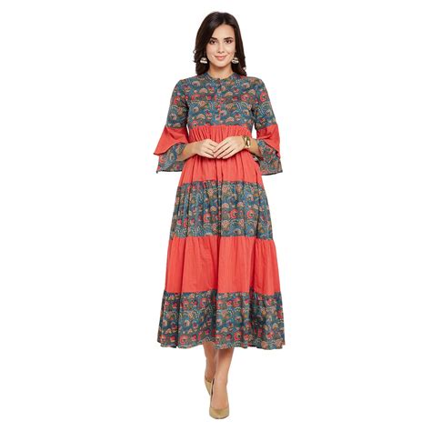 Buy SANJALI Band Collar Printed Tiered Anarkali kurta for Girls & Women ...