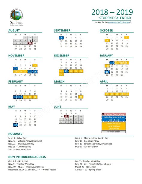 2018 - 2019 Student Calendar | San Juan Unified School District ...