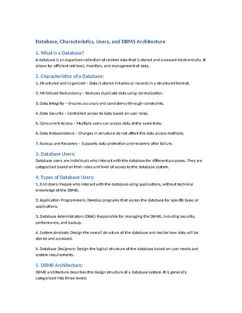 Database Characteristics, Users, and DBMS Architecture Overview - Studocu