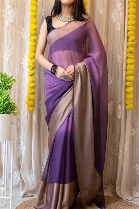 Surreptitious 1-Minute Ready To Wear Lavender Chiffon Silk Saree ...