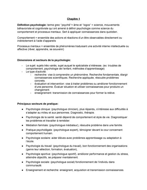 Psycho - chapitre 1 - Chapitre 1 Définition psychologie: terme grec ‘’psyché’’= âme et ‘’logos ...