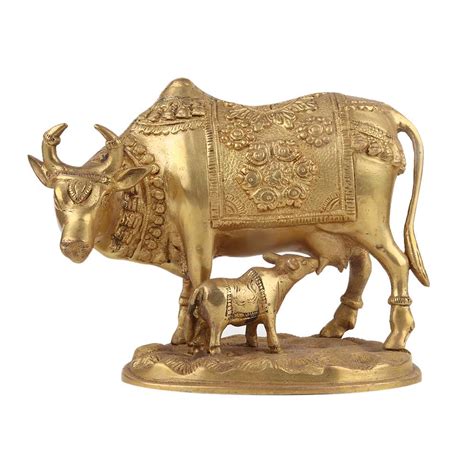 Handmade Golden Brass Kamdhenu Cow with Calf Idol