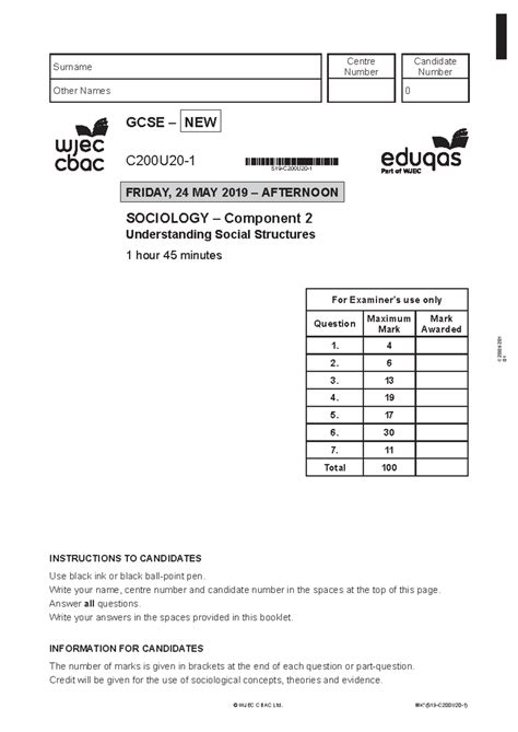 Sociology WJEC gcse 2019 paper 2 - C 2 0 0 U 2 0 1 0 1 INSTRUCTIONS TO ...
