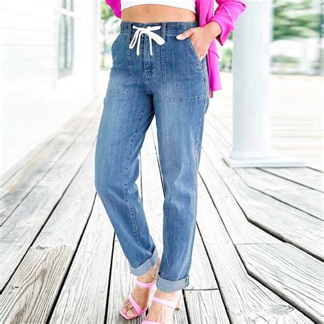 Jalioing Jeans for Women Drawstring Adjustable Waist Straight Tube Leg ...