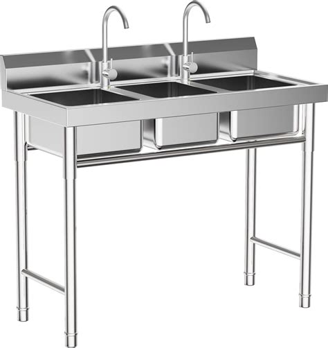 Amazon.com: Stainless Steel 3 Compartment Sink with 2 Faucets ...