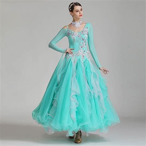 Women's Ballroom Dance Dress Ruffled Rhinestone Off Shoulder Elegant ...