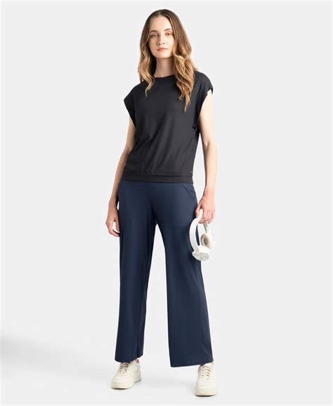 Buy Microfiber Elastane Stretch Regular Fit Wide Leg Pants - Mid Night ...