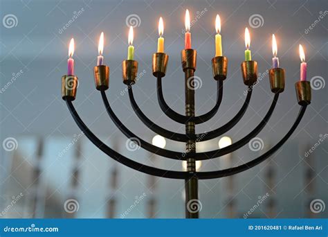 Menorah Candelabra Lit with Eight Candles on Hanukkah Jewish Holiday ...