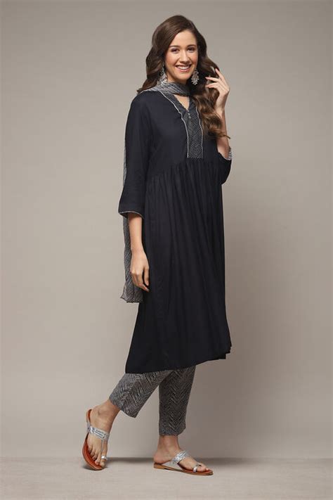 Black Rayon Gathered Kurta Pant Suit Set