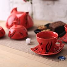 Buy Caffeine Ceramic Handmade Stoneware Red Bamboo Tea Set - (Set of 15 ...