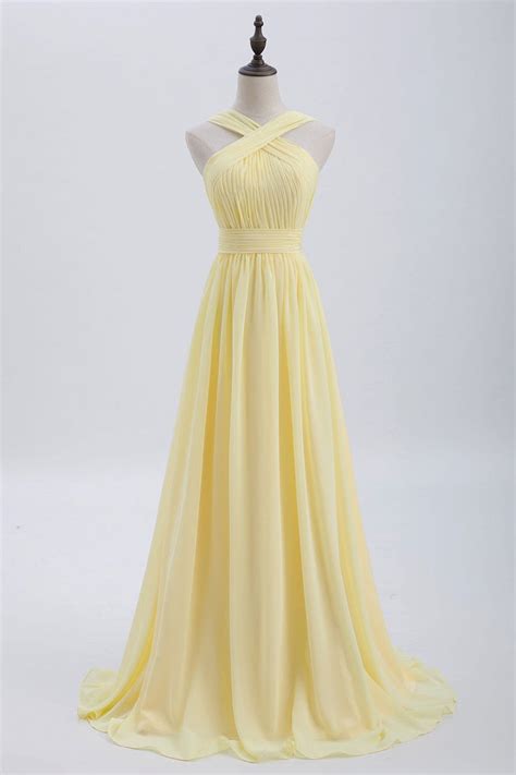 Cross Front Yellow Pleated Chiffon Long Bridesmaid Dress | Prom dresses ...