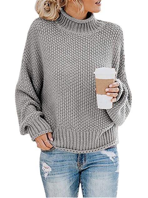 Women's Long Sleeve Sweaters Turtleneck Loose Soft Knitted Casual ...