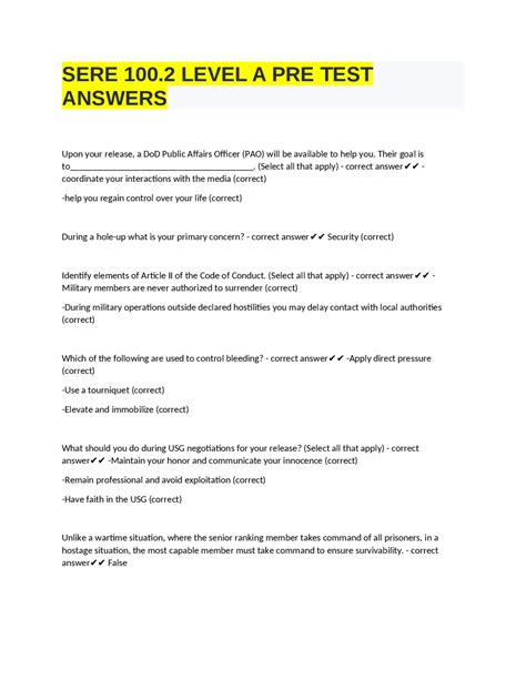 SERE 100.2 LEVEL A PRE TEST ANSWERS | Exams Nursing | Docsity