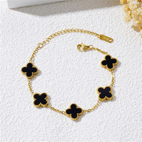 Buy Stainless Steel Gold Plated Black Anti Tarnish Clover Bracelet For ...