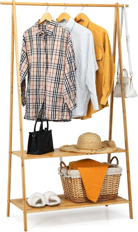 Buy Tangkula Bamboo Clothes Rack, Freestanding Garment Rack with 2-Tier ...