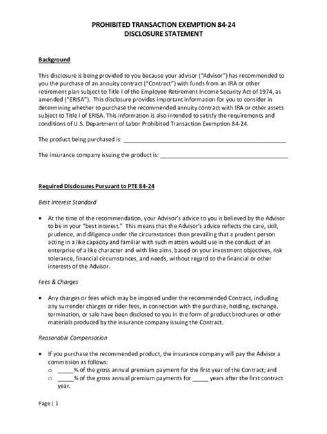Prohibited Transaction Exemption 84-24 Disclosure Statement - Blank ...
