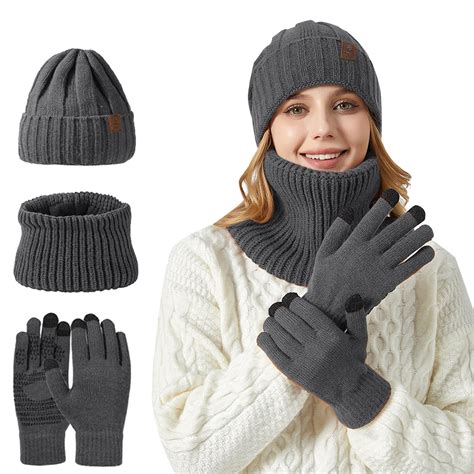 ASFGIMUJ Winter Gloves Women Knitted Hat And Scarf Two Piece Set Unisex ...