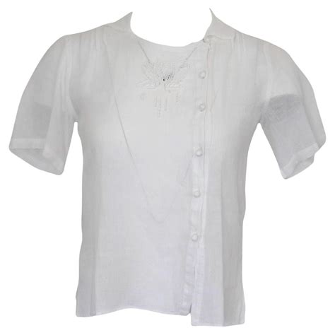 Vintage Emmanuelle Khanh White Linen Blouse RARE sz S For Sale at 1stDibs