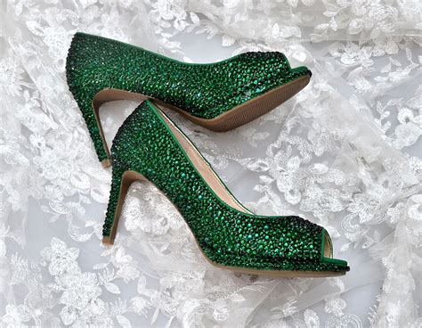 Swarovski Crystal Emerald Green Bridal Mid Heel Luxury Custom platform ...