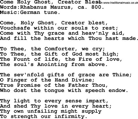 Pentecost Hymns, Song: Come Holy Ghost, Creator Blest - lyrics and PDF